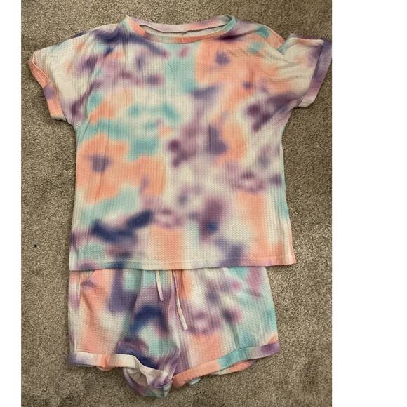 Pastel Blend Tie-Dye Waffle Knit Pajama Lounge Shorts Set, sz L - Picture 1 of 6